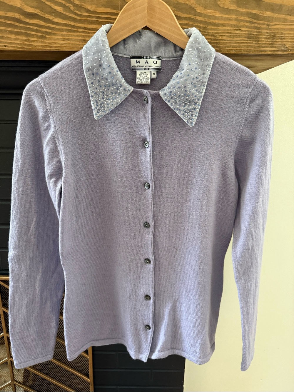 Magaschoni Lavender Wool Cardigan Beaded rayon silk  Collar Vintage Y2K - Picture 4 of 17